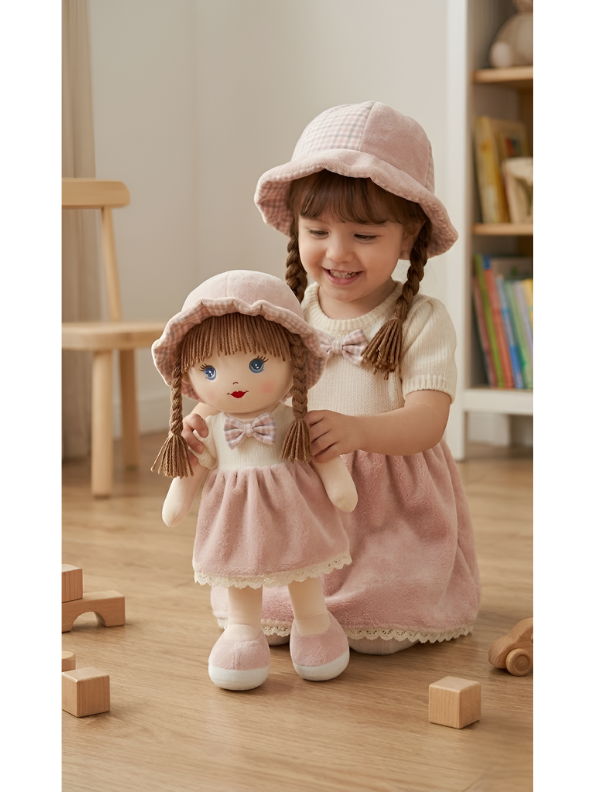 Soft Rag Doll for Girls – 40cm Cuddly Stuffed Toy with Pink Dress, Braided Hair & Matching Sun Hat | Perfect First Doll Gift for Kids ST16052