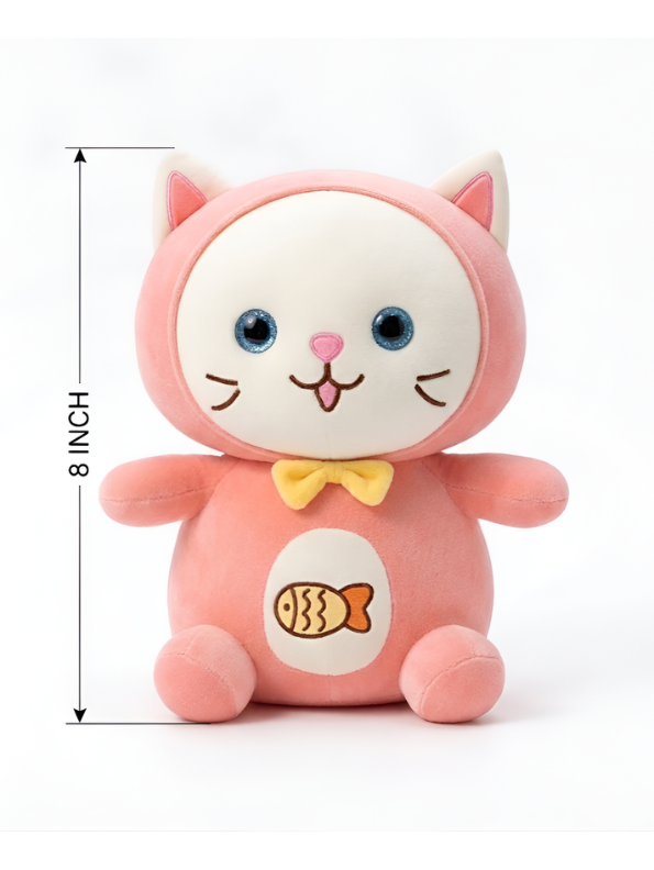 Cat Plush Toy – 8-Inch Cute Pink Soft Stuffed Animal Kitten with Yellow Bow & Fish Patch, Kawaii Cat Plushie for Kids ST11455