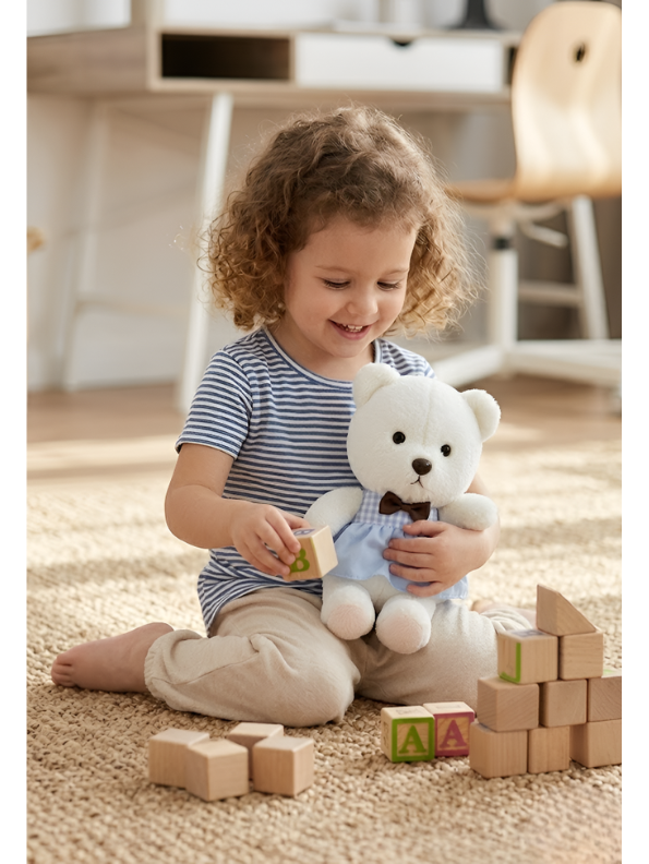 Teddy Bear with Blue Gingham Dress – 8-Inch White Plush Soft Stuffed Animal Toy for Toddlers, Kids ST11121