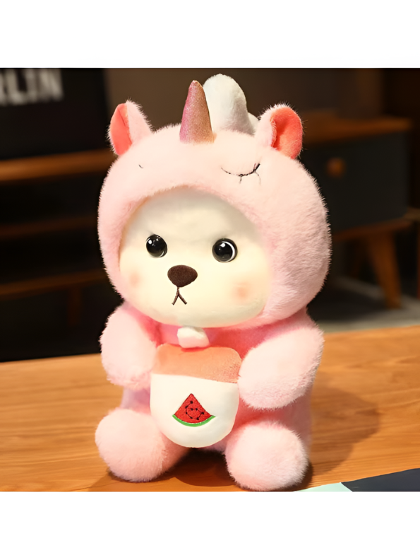 Unicorn Bear Plush Toy - Adorable 10-Inch Pink Soft Kawaii Stuffed Animal with Cherry Accessory ST15751