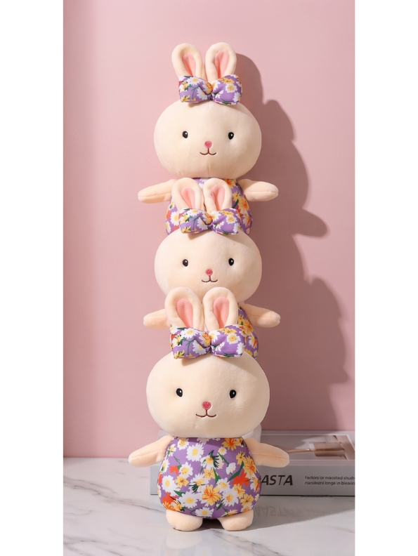 Bunny Soft Toy with Floral Print Romper and Bow – 7-Inch Cute Plush Adorable Stuffed Rabbit Toy for Kids ST11129