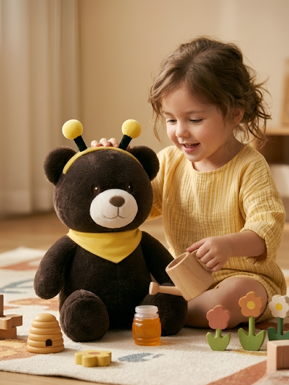 Brown & White Plush Teddy Bear with Bee Antennas and Bandana – Adorable 35CM Ultra-Soft Stuffed Animal Toy for Kids, Toddlers ST16299