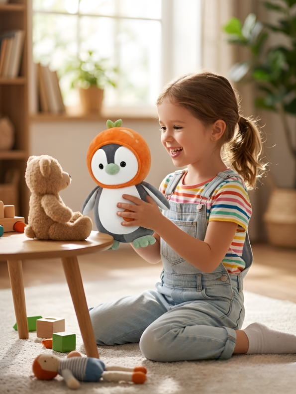 Adorable Penguin Soft Toy Wearing Orange Fruit Hat - 10 Inch Kawaii Plushie Stuffed Animal - Perfect Nursery Decor and Birthday Gift for Boys and Girls ST16679
