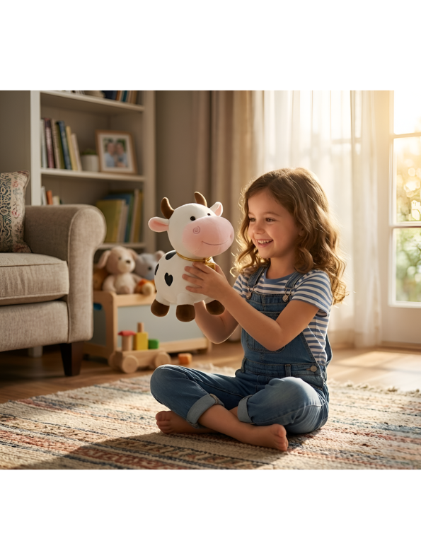 Spotted Cow Plush Toy – 15-Inch Heart-Soft Stuffed Animal with Plaid Bandana & Realistic 3-Inch Horns for Kids & Collectors ST14152