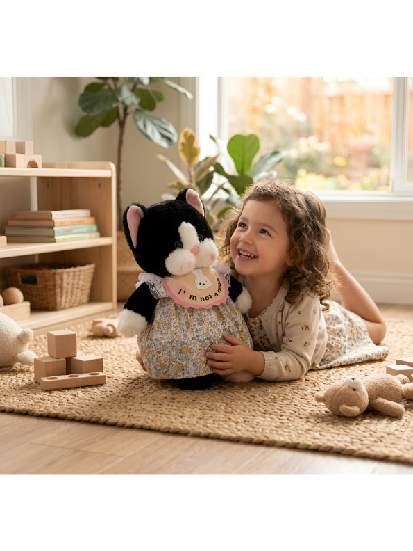 Cute Tuxedo Cat Plush Toy 45cm – Soft Stuffed Kitten Doll in Floral Dress with “I’m Not a Rabbit” Bib, Adorable Collectible Animal Gift for Kids & Cat Lovers ST15639