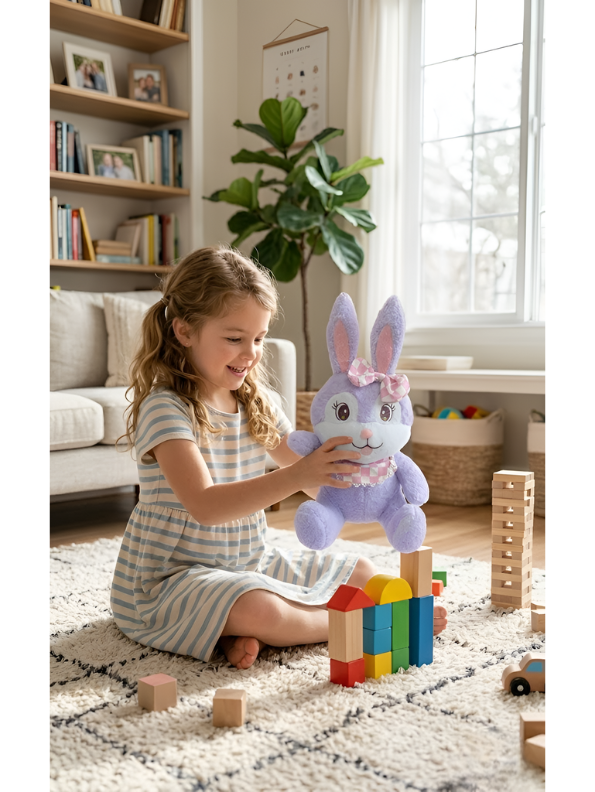 Lavender Bunny Plush Toy – 15-Inch Soft Stuffed Rabbit with Checkered Bow & Bib for Kids & Collectors ST 14539