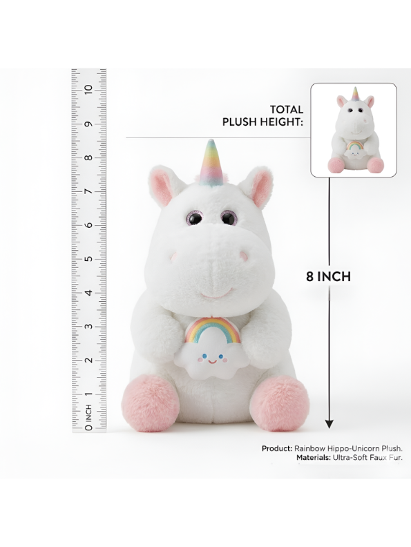 Rainbow Hippo-Unicorn Plush – 8-Inch Ultra-Soft Faux Fur Stuffed Animal with Rainbow Cloud – Cute Mythical Creature Toy for Kids and Toddlers ST13212