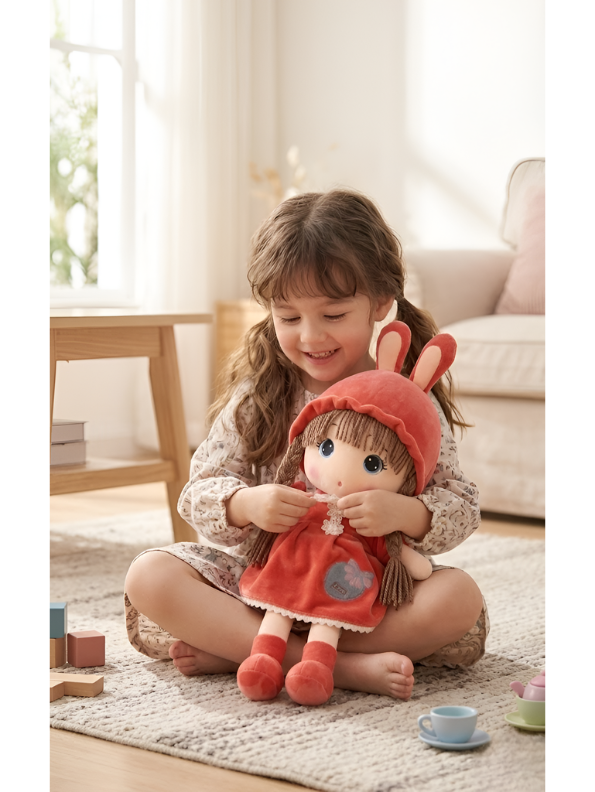Rag Doll with Bunny Hood – Premium 45cm Plush Soft Cuddly Stuffed Toy Girl with Braided Hair & Red Velvet Dress – Ideal Gift for Kids, Toddlers & Baby Girls ST10942