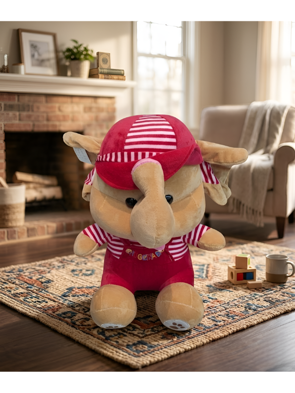 45 cm Premium Elephant Plush Toy in Red Striped Dungarees & Matching Cap – Ultra-Soft Stuffed Animal for Kids, Perfect Gift for Babies & Toddlers ST14534
