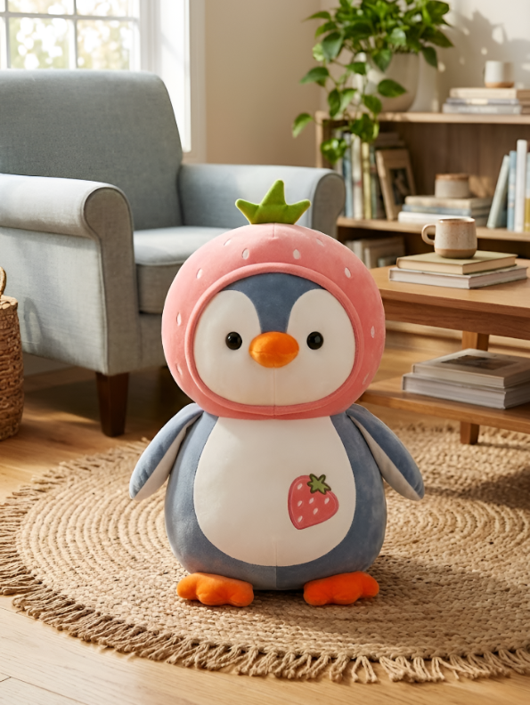Adorable Penguin Soft Toy Wearing Strawberry Fruit Hat - 10 Inch Kawaii Plushie Stuffed Animal - Perfect Nursery Decor and Birthday Gift for Boys and Girls ST16679