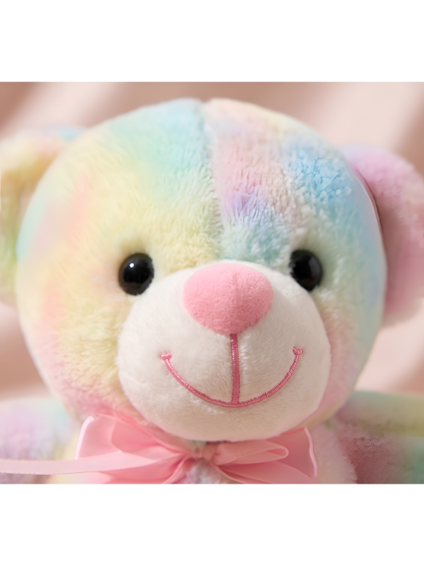 10-Inch Rainbow Teddy Bear Plush Toy – Pastel Tie-Dye Soft Stuffed Animal with Pink Ribbon Bow, Cute Colorful Plushie Gift for Kids ST11476