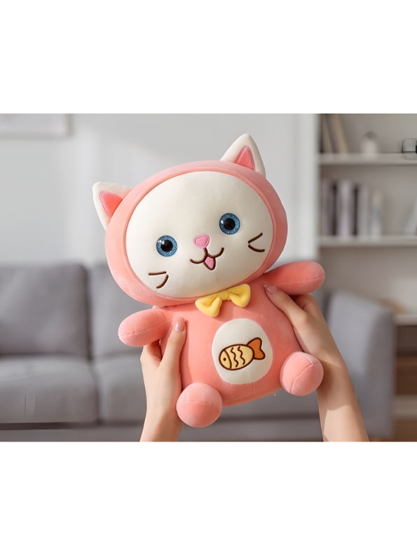 Cat Plush Toy – 8-Inch Cute Pink Soft Stuffed Animal Kitten with Yellow Bow & Fish Patch, Kawaii Cat Plushie for Kids ST11455