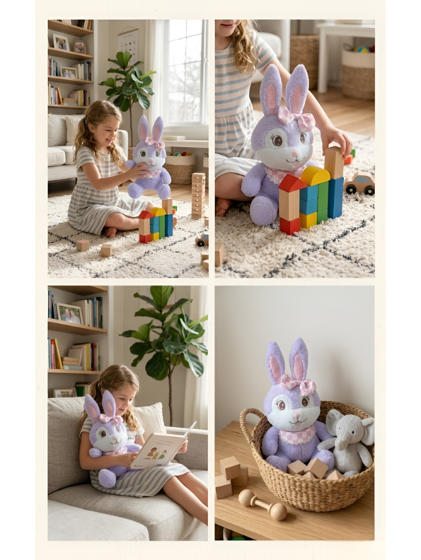 Lavender Bunny Plush Toy – 15-Inch Soft Stuffed Rabbit with Checkered Bow & Bib for Kids & Collectors ST 14539