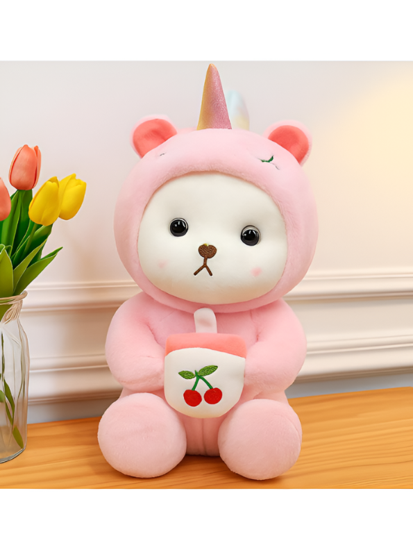 Unicorn Bear Plush Toy - Adorable 10-Inch Pink Soft Kawaii Stuffed Animal with Cherry Accessory ST15751