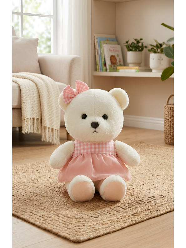 Teddy Bear with Pink Gingham Dress – 8-Inch White Plush Soft Stuffed Animal Toy for Toddlers, Kids ST11121