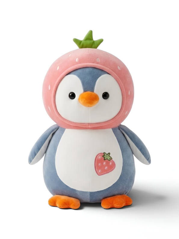 Adorable Penguin Soft Toy Wearing Strawberry Fruit Hat - 10 Inch Kawaii Plushie Stuffed Animal - Perfect Nursery Decor and Birthday Gift for Boys and Girls ST16679