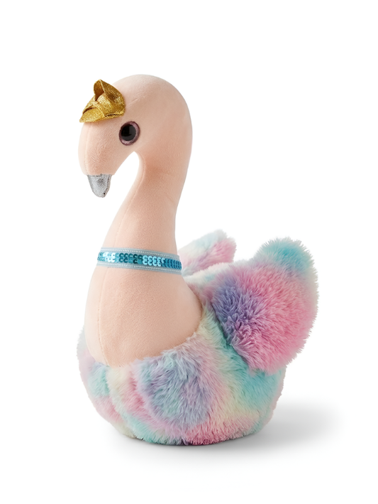 Rainbow Swan Plush Toy for Kids – 7-Inch Pink Stuffed Animal with Gold Crown, Sequin Collar & Pastel Tie-Dye Faux Fur – Soft Cute Gift for Toddlers and Babies ST12008