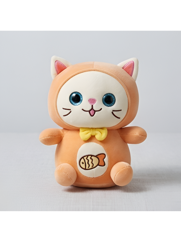 Cat Plush Toy – 8-Inch Cute Orange Soft Stuffed Animal Kitten with Yellow Bow & Fish Patch, Kawaii Cat Plushie for Kids ST11455
