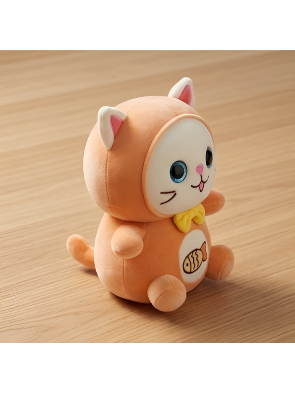 Cat Plush Toy – 8-Inch Cute Orange Soft Stuffed Animal Kitten with Yellow Bow & Fish Patch, Kawaii Cat Plushie for Kids ST11455