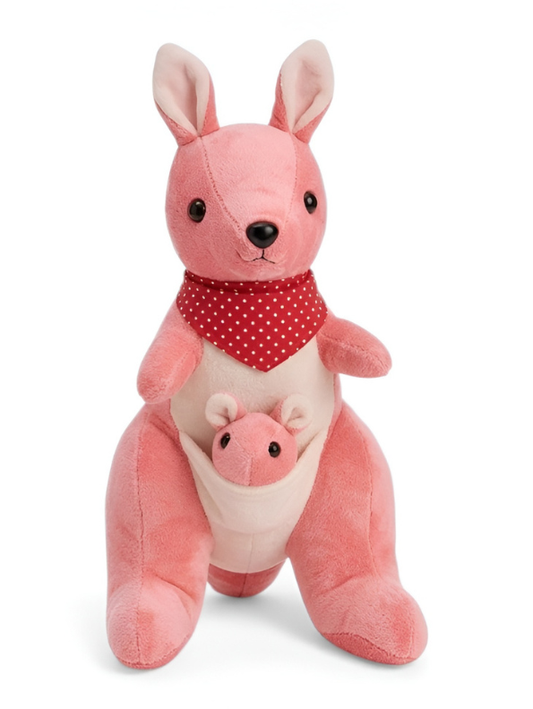 Pink Kangaroo Mother and Joey Plush Toy – Soft Stuffed Animal with Red Polka Dot Bandana, Adorable Nursery Decor & Perfect Gift for Kids ST12017