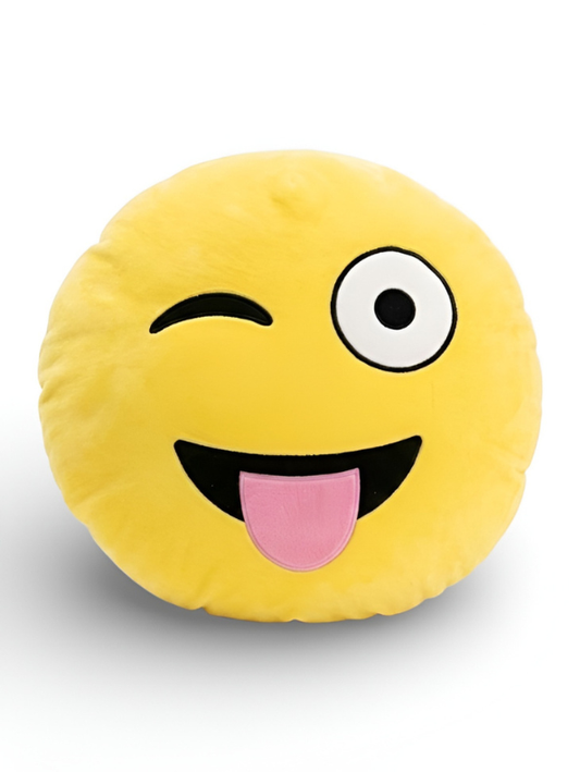 Winking Emoji Plush Pillow - Soft Yellow Round Cushion with Tongue Out - Fun Decorative Emoji Soft Toy for Kids & Room Decor ST11443
