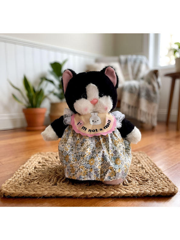 Cute Tuxedo Cat Plush Toy 45cm – Soft Stuffed Kitten Doll in Floral Dress with “I’m Not a Rabbit” Bib, Adorable Collectible Animal Gift for Kids & Cat Lovers ST15639