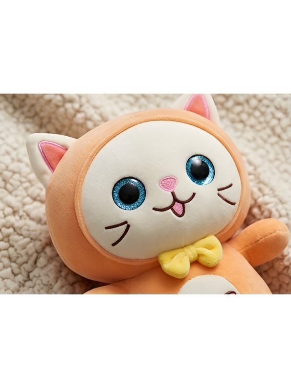 Cat Plush Toy – 8-Inch Cute Orange Soft Stuffed Animal Kitten with Yellow Bow & Fish Patch, Kawaii Cat Plushie for Kids ST11455