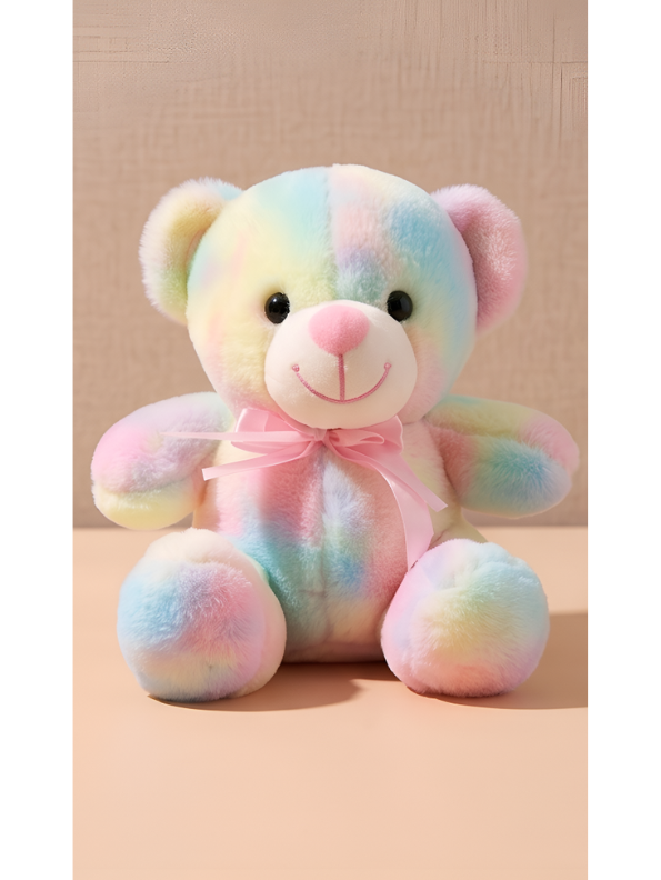 10-Inch Rainbow Teddy Bear Plush Toy – Pastel Tie-Dye Soft Stuffed Animal with Pink Ribbon Bow, Cute Colorful Plushie Gift for Kids ST11476