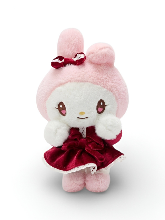 Sanrio My Melody Plush Doll – Pink Bunny Soft Toy in Burgundy Velvet Dress with Lace Trim | Official Cute Kawaii Gift for Girls & Collectors ST15963