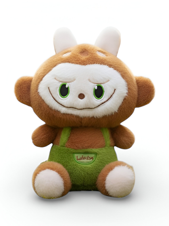 Labubu Plush Doll 8 Inch – Soft Brown Monkey Plushie in Green Dungarees | Cute Stuffed Animal Toy for Kids & Collectors ST15970