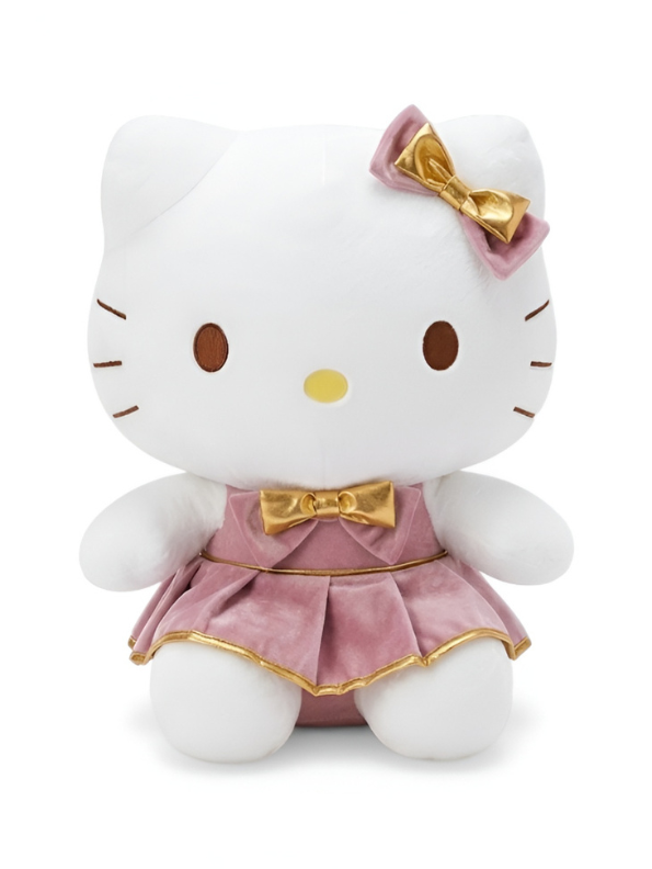 Official Sanrio Hello Kitty 40cm Plush Doll in Pink Velvet Dress with Metallic Gold Bow Accents – Premium Soft Toy for Collectors & Gifts ST16372