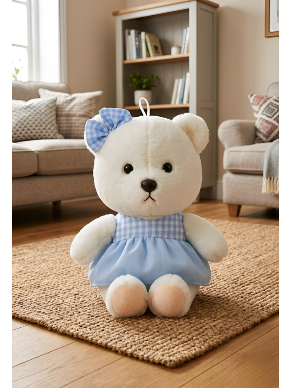Teddy Bear with Blue Gingham Dress – 8-Inch White Plush Soft Stuffed Animal Toy for Toddlers, Kids ST11121
