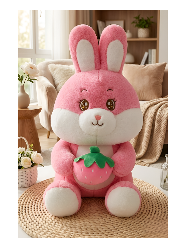 Bunny Plush Toy Holding Strawberry – 15-Inch Pink Soft Stuffed Animal Gift for Girls, Toddlers & Kids ST14440