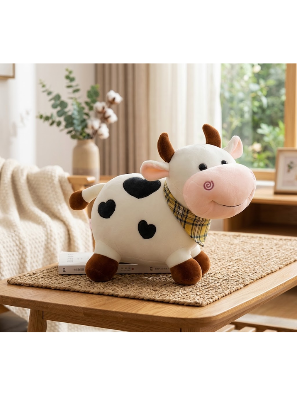 Spotted Cow Plush Toy – 15-Inch Heart-Soft Stuffed Animal with Plaid Bandana & Realistic 3-Inch Horns for Kids & Collectors ST14152