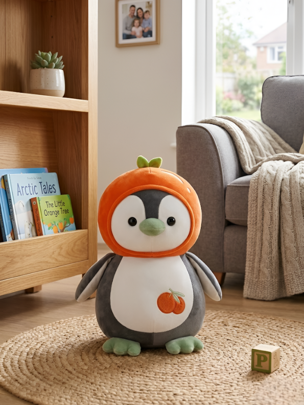 Adorable Penguin Soft Toy Wearing Orange Fruit Hat - 10 Inch Kawaii Plushie Stuffed Animal - Perfect Nursery Decor and Birthday Gift for Boys and Girls ST16679