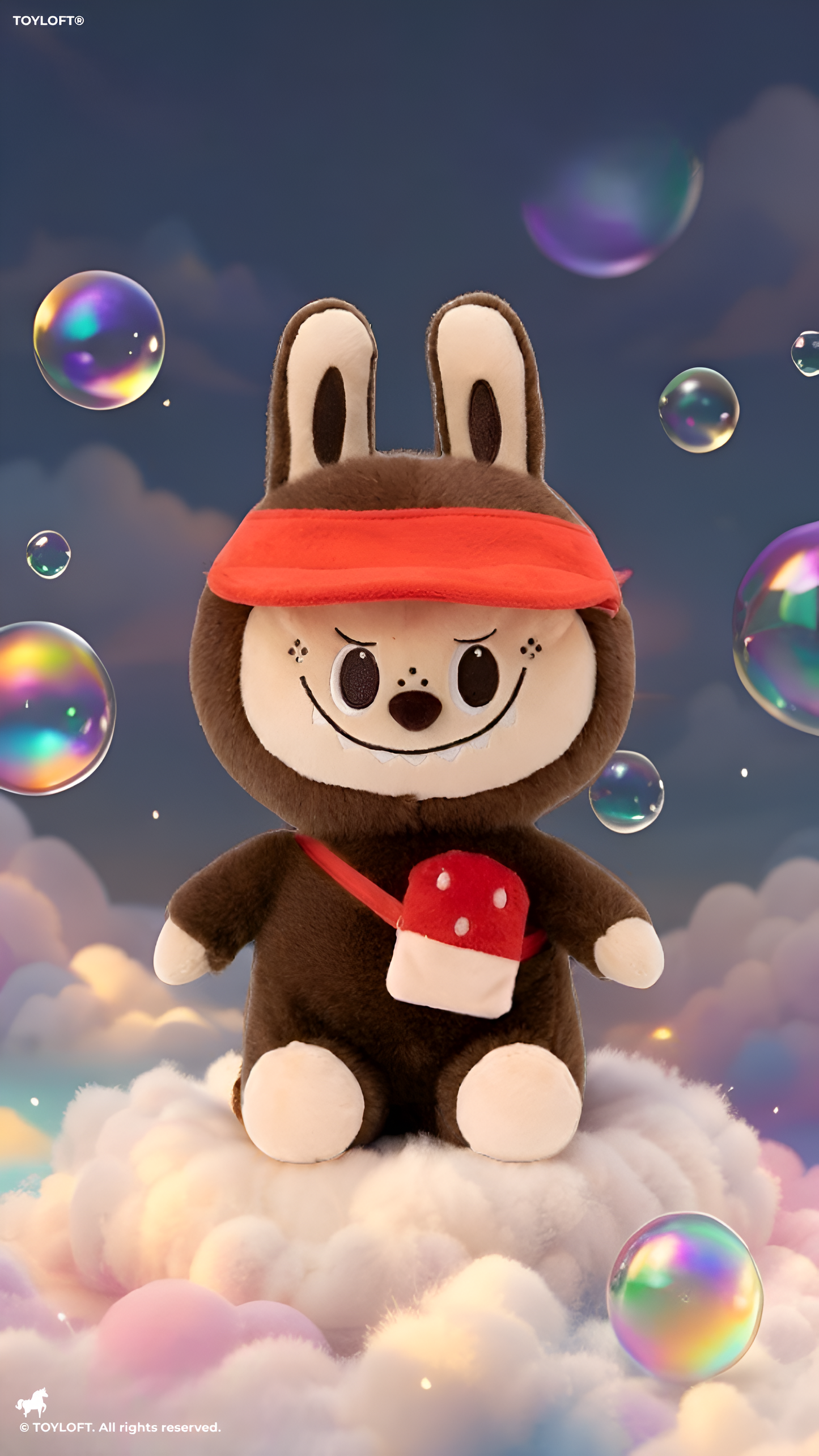 Brown Labubu Plush with Red Visor and Mushroom Crossbody Bag – 10-Inch Soft Forest Creature Stuffed Animal Toy for Kids and Collectors ST15996