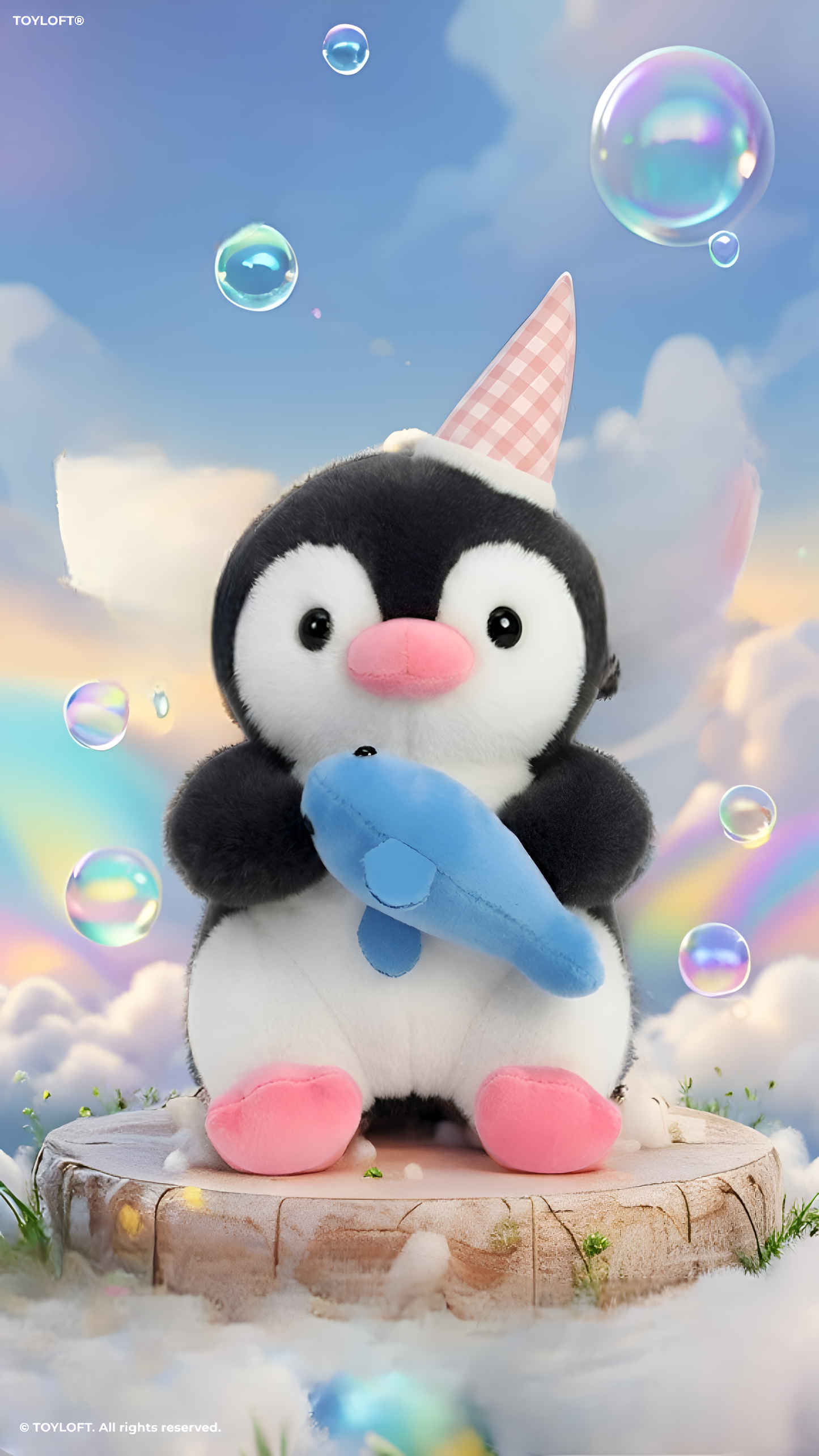 Penguin 8-Inch Cute Plush Toy with Party Hat and Blue Fish | Black Soft Stuffed Animal for Kids and Toddlers ST16026