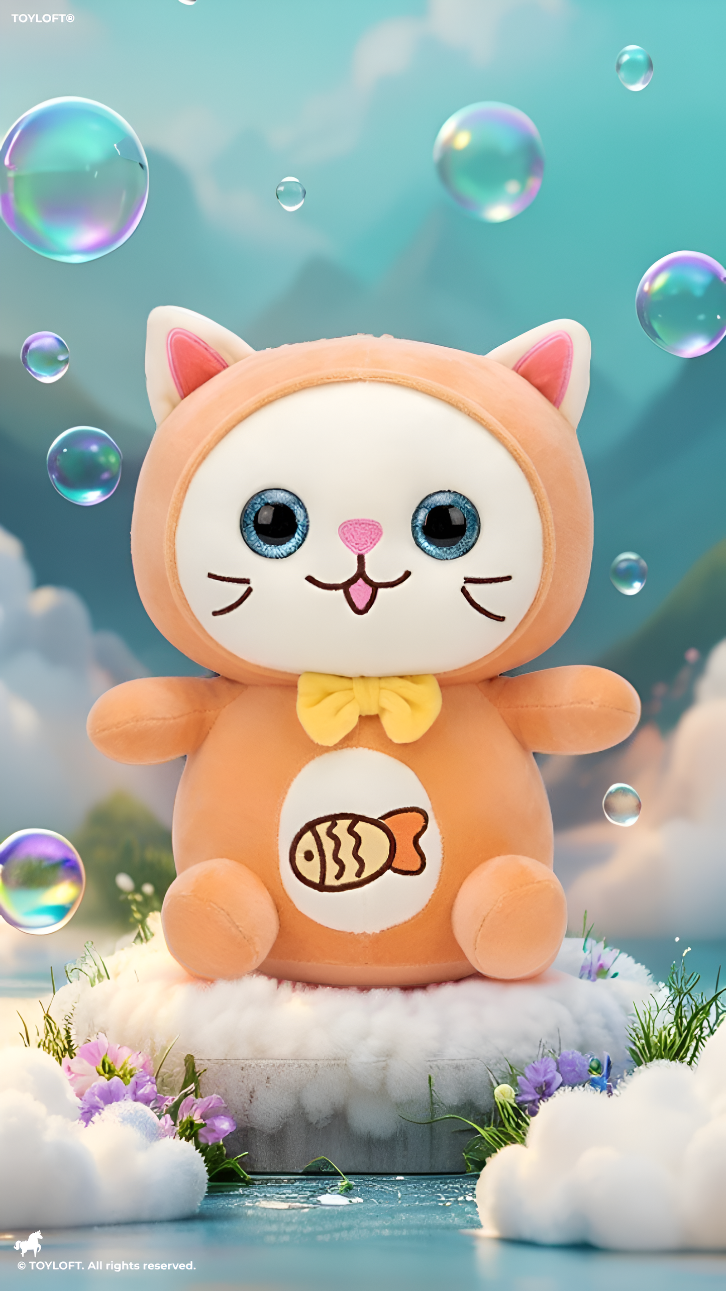 Cat Plush Toy – 8-Inch Cute Orange Soft Stuffed Animal Kitten with Yellow Bow & Fish Patch, Kawaii Cat Plushie for Kids ST11455