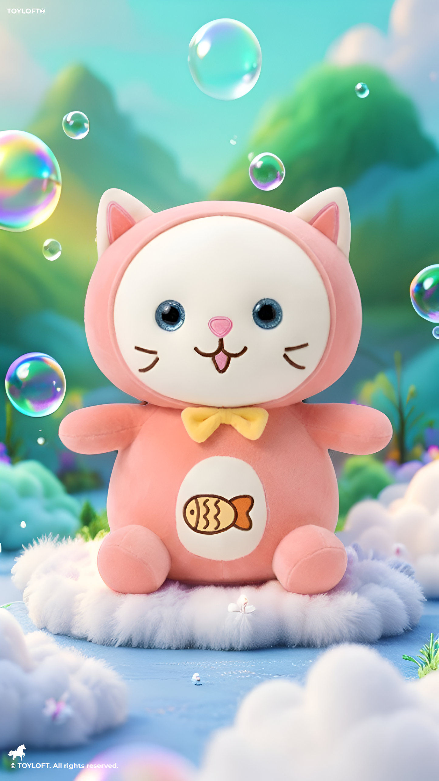 Cat Plush Toy – 8-Inch Cute Pink Soft Stuffed Animal Kitten with Yellow Bow & Fish Patch, Kawaii Cat Plushie for Kids ST11455