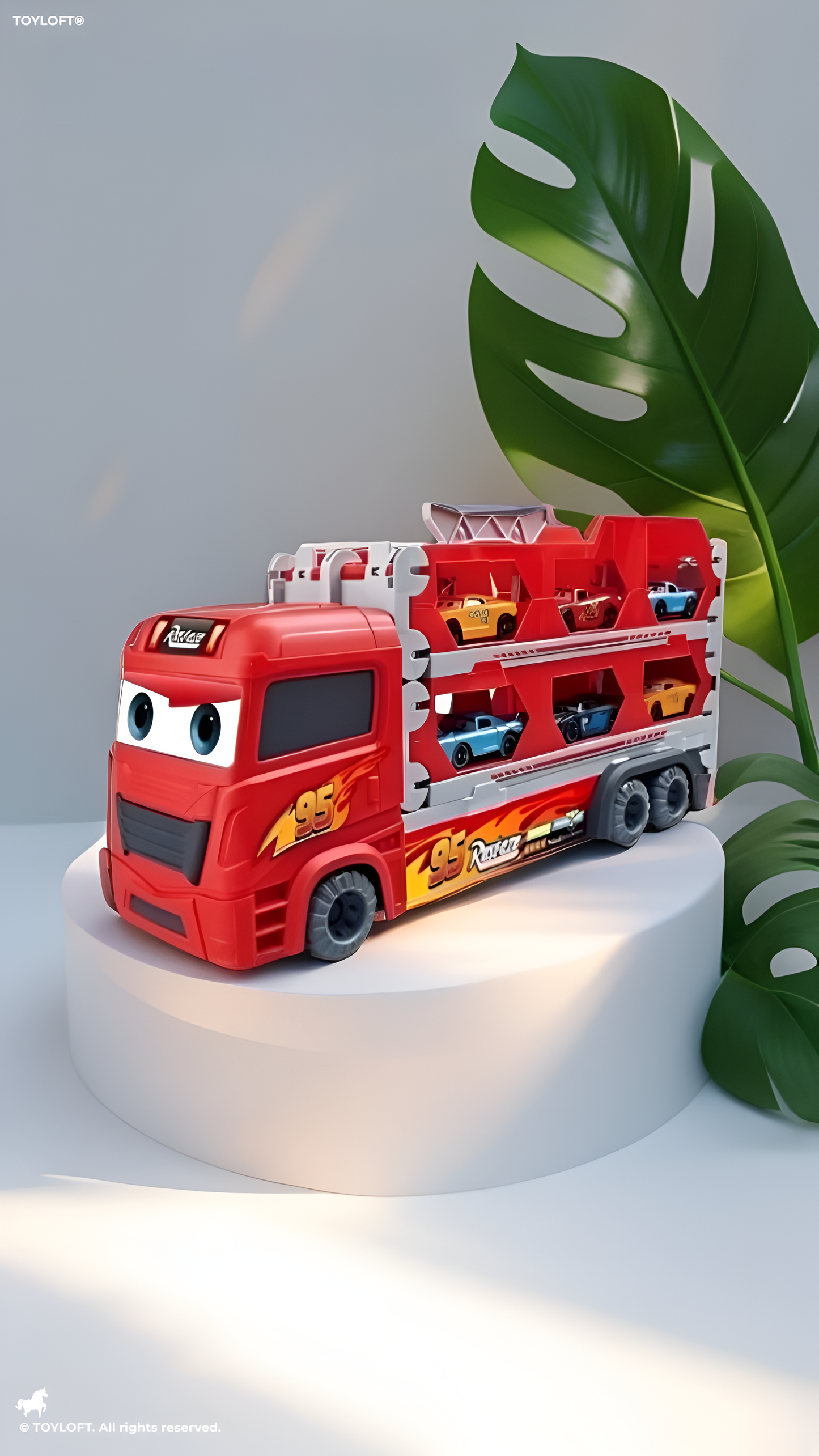 2-in-1 Transport Truck Toy with Foldable Race Tracks & Cars – Red Racing Hauler Set MD2984.