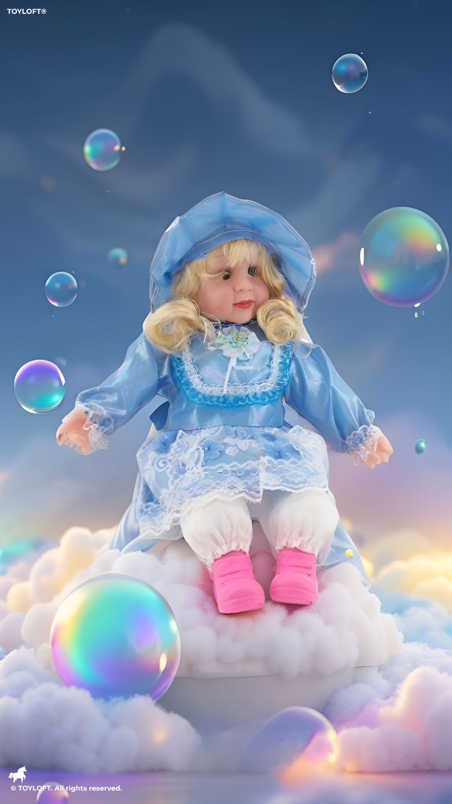 Porcelain Doll in Elegant Blue Dress and Bonnet – Vintage-Style Sitting Ceramic Doll with Blonde Curls and Pink Boots For Kids LMI7707