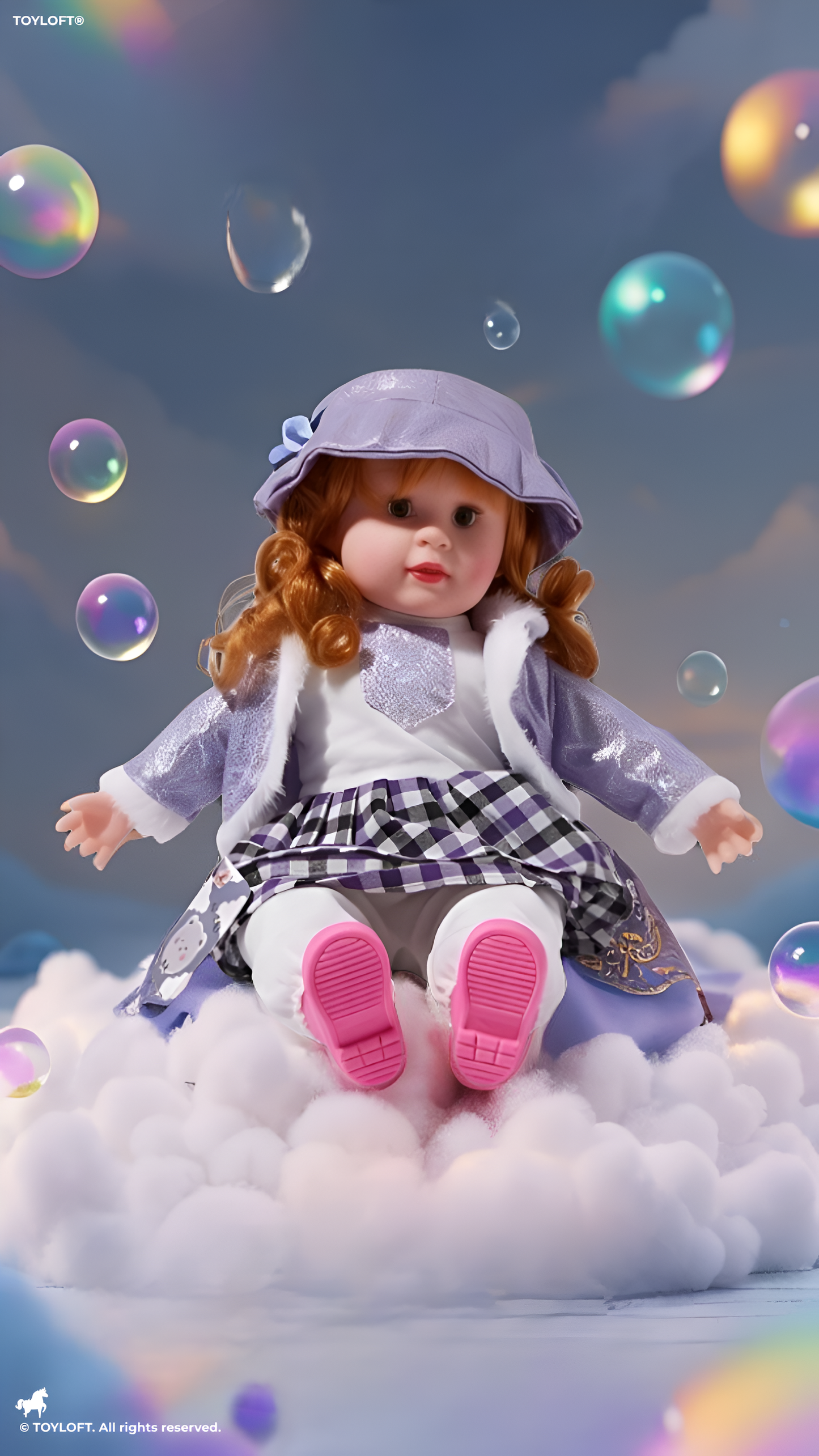 Realistic Girl Doll with Curly Red Hair, Purple Shimmer Jacket, Plaid Skirt, and Matching Bucket Hat Toy Set LMI7707