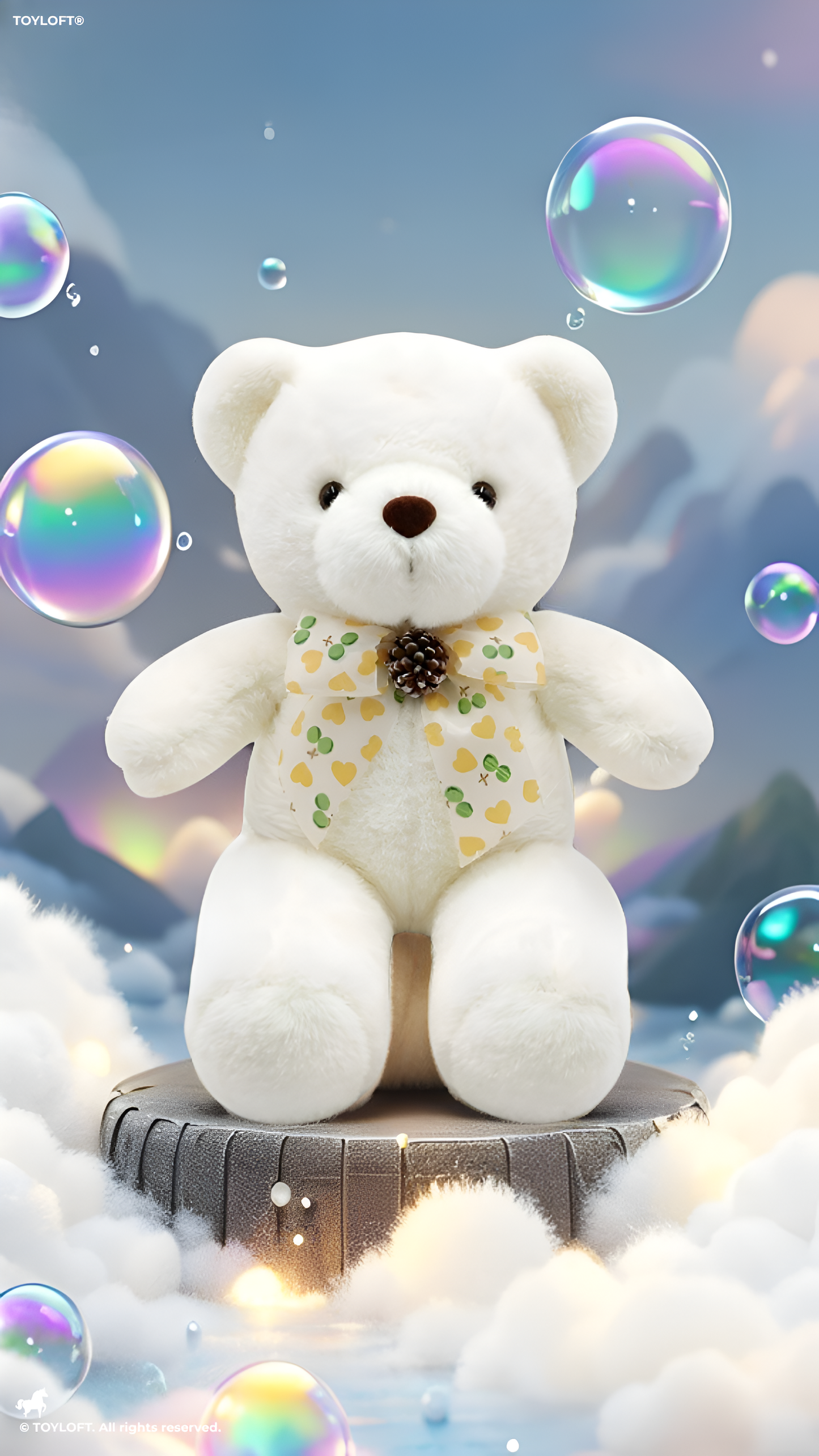 Teddy Bear Stuffed Animal - Soft White 8 Inch Cute Plush Toy with Heart-Patterned Ribbon & Pinecone Detailing, Perfect Winter & Holiday Gift ST16464