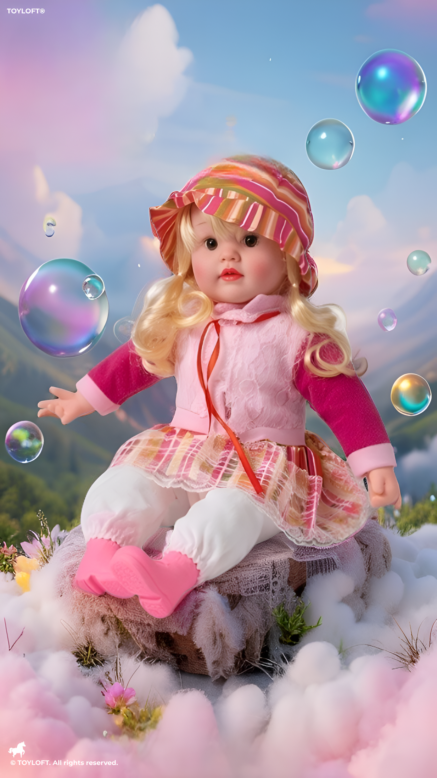 Sitting Baby Doll with Blonde Curls and Bonnet – Realistic Vinyl Princess Toy with Pink Dress, Matching Hat, and Boots – for Toddlers LMI7707
