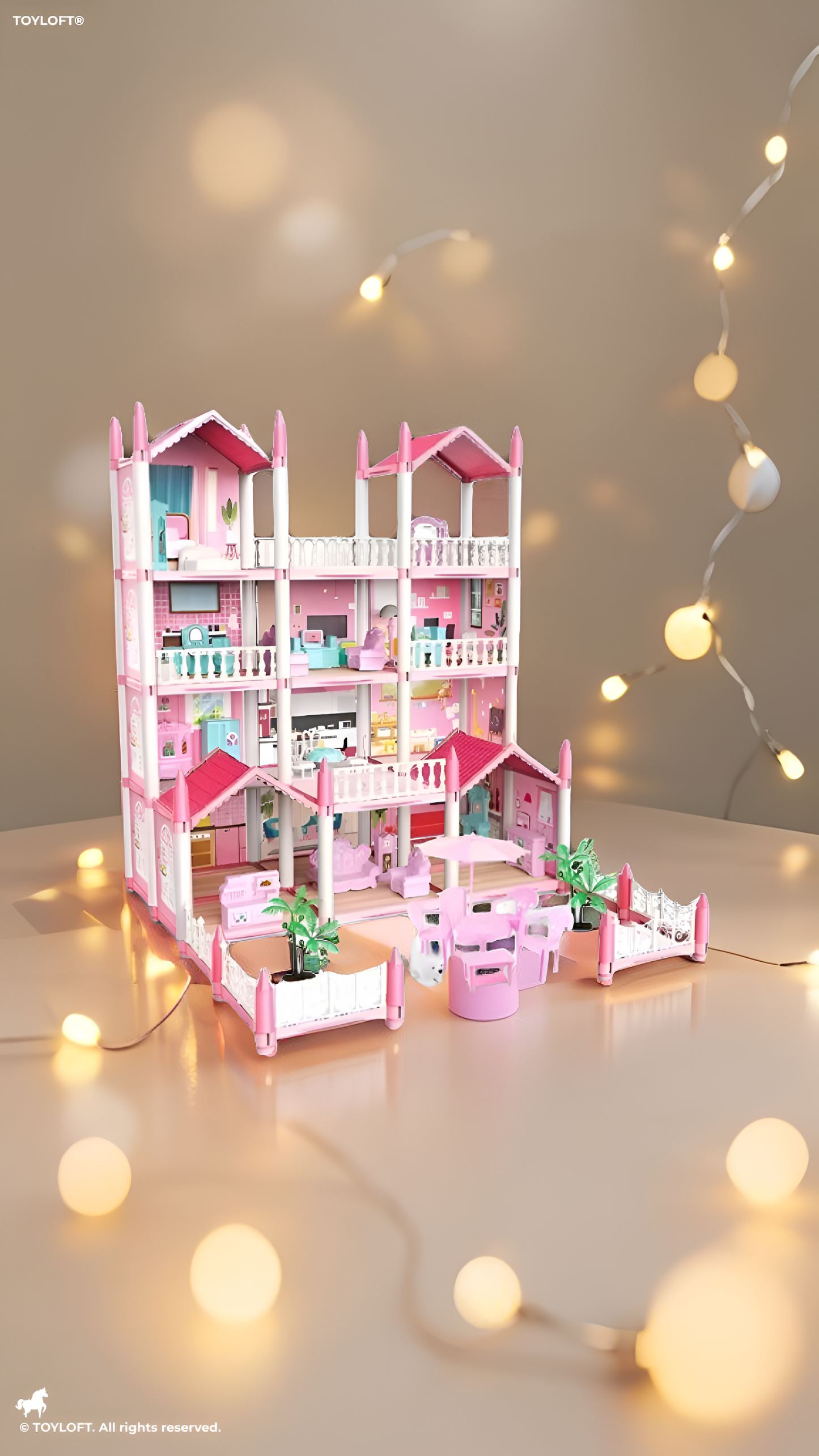 Princess’s Dream Castle Multi-Level Luxury Dollhouse Kit with Miniature Furniture, LED Light Effects, and Scenario Simulation Toys TV5833
