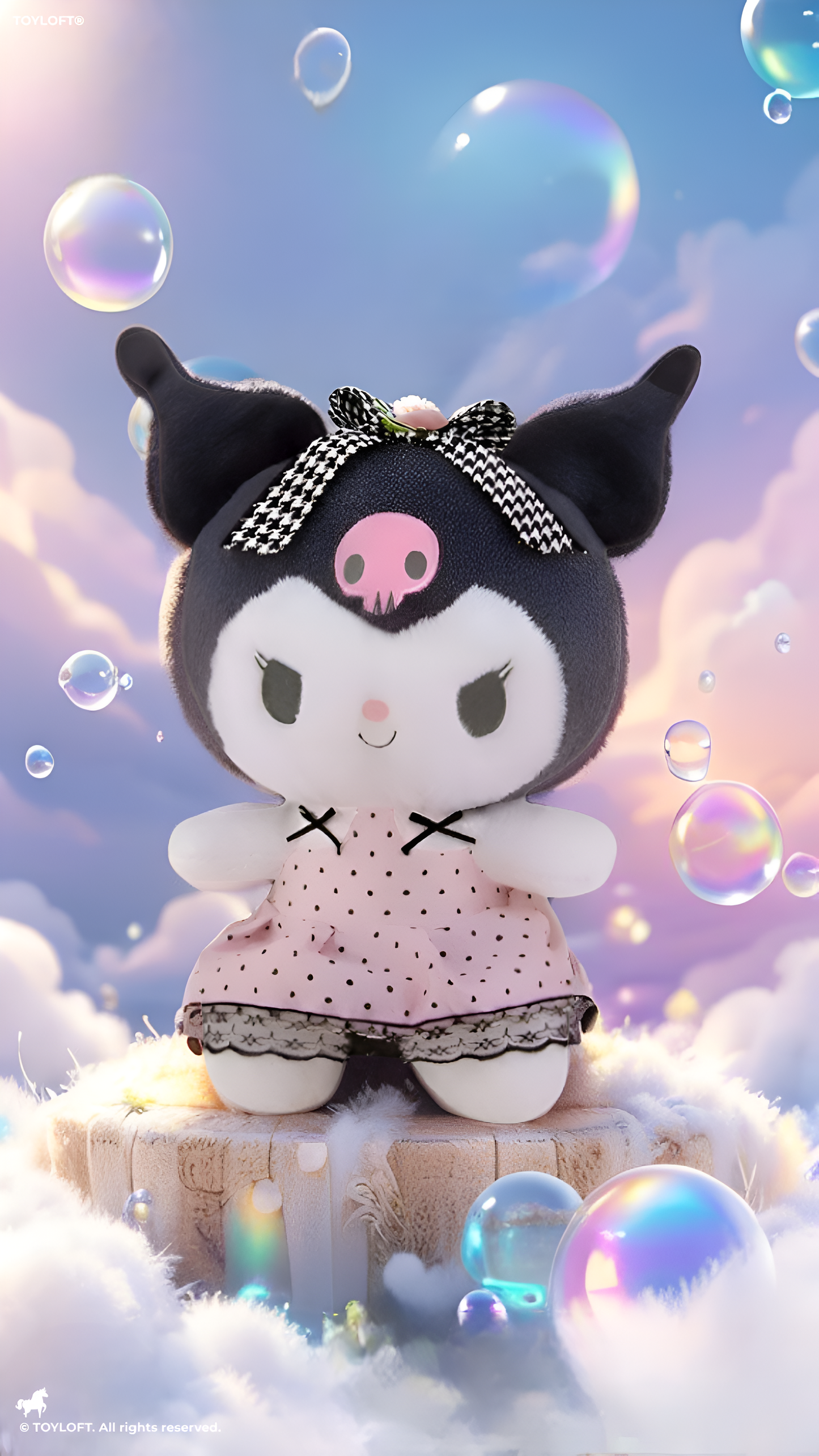 Sanrio Kuromi Plush Doll | 8" Stuffed Animal Toy | Goth-Lolita Pink Dress & Houndstooth Bow | Authentic Character Collectible ST16007