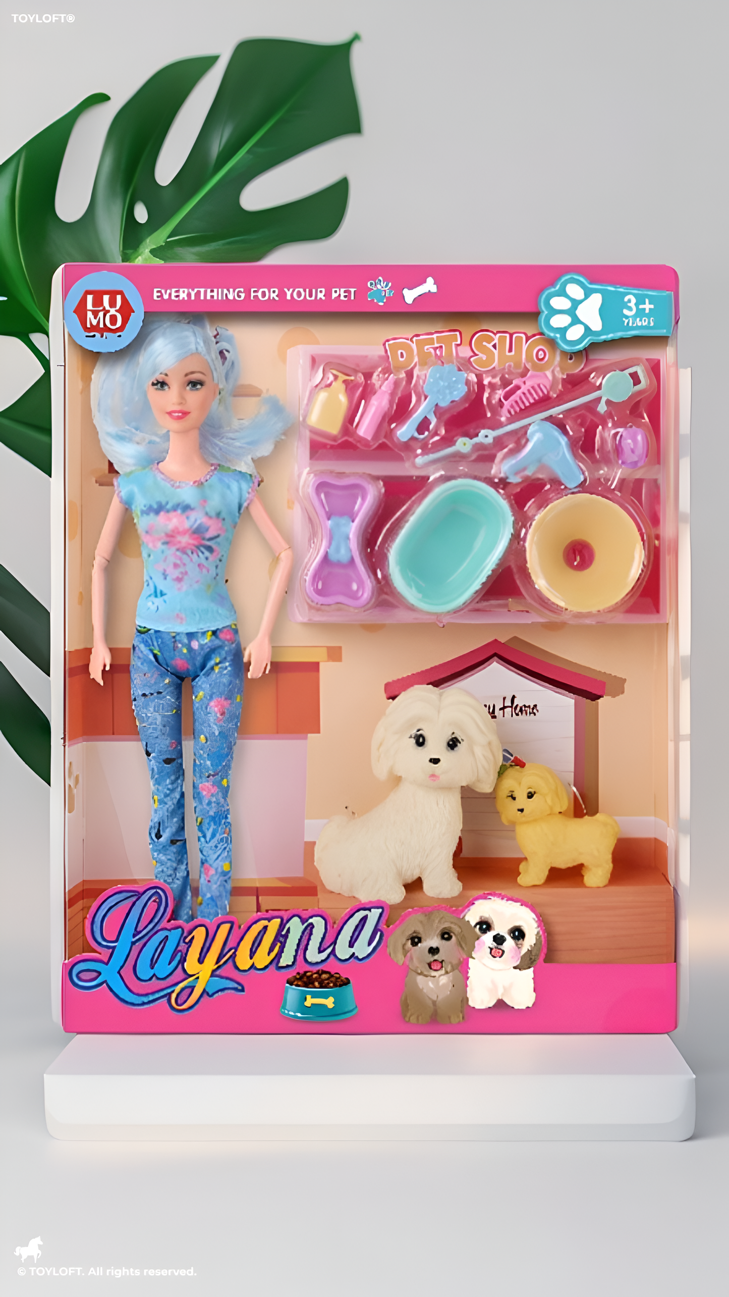 Doll with Pet Shop Grooming Set for Girls Fashion Doll with Blue Hair, 2 Toy Dogs, and 11 Bathing & Feeding Accessories Pretend Play Toys Set for Kids Ages 3+ LMI12737