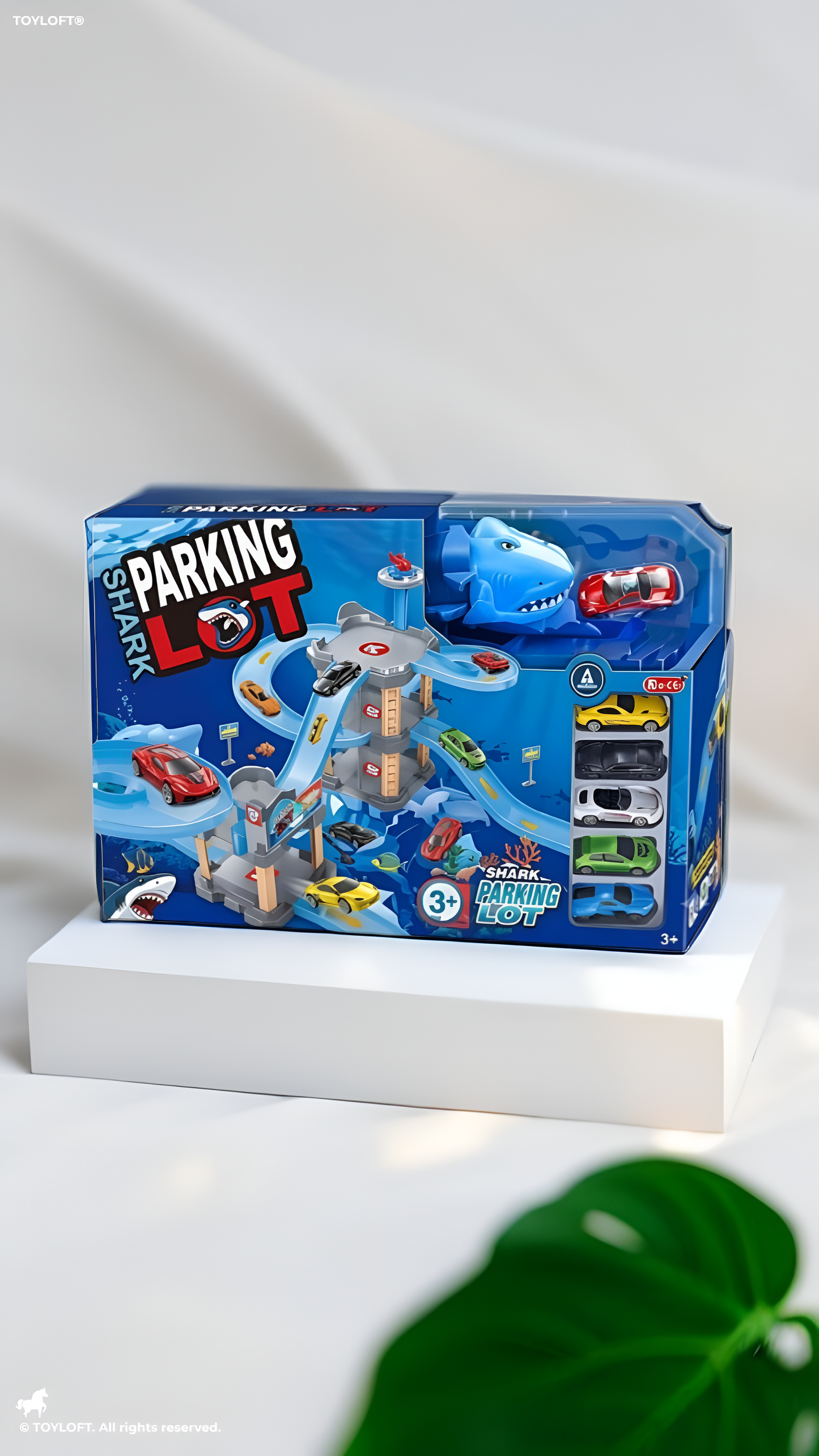Shark Parking Lot Toy Car Track Set - 3-Level Race Track Garage Playset with Diecast Toy Cars, Shark Mouth Launcher, Connected Ramps, and Marine Animal Figures for Kids Ages 3+ TV2075