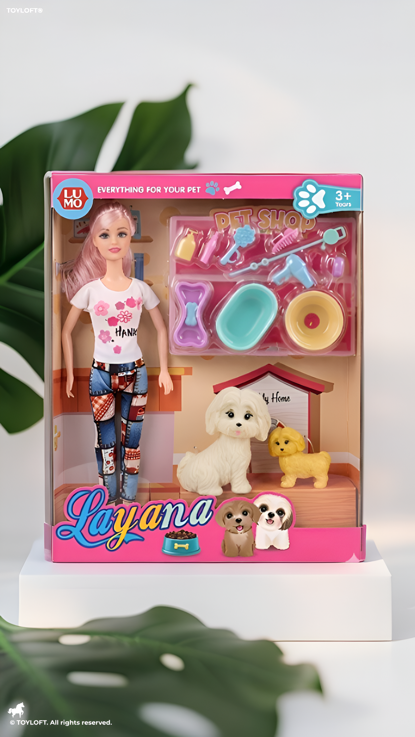 Doll with Pet Shop Grooming Set for Girls Fashion Doll with Pink Hair, 2 Toy Dogs, and 11 Bathing & Feeding Accessories Pretend Play Toys Set for Kids Ages 3+ LMI12737