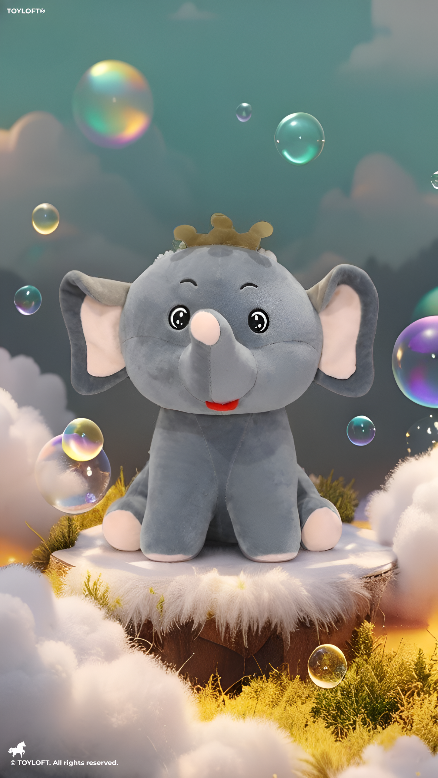 Crown Elephant Plush Toy - Soft Grey Elephant Stuffed Animal with Golden Crown, Big Ears, and Upturned Trunk, Kawaii Plushie Doll for Kids ST11471